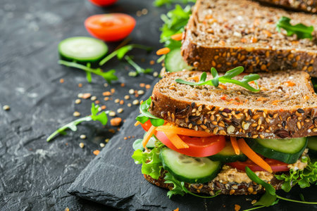 Nutritious hummus sandwich featuring a medley of fresh vegetables on wholesome multi-grain breadの写真素材