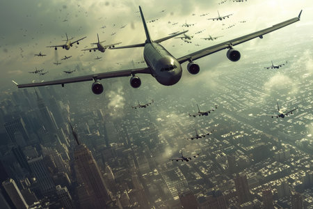 Aerial view of commercial and private airplanes flying over the bustling cityscapeの写真素材
