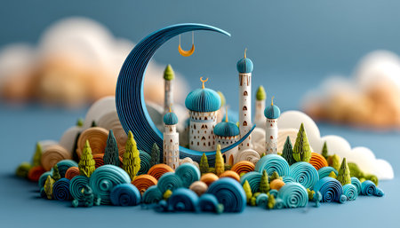 A fanciful depiction of an Islamic fortress featuring towering minarets and a crescent moon, nestled amidst vibrant, undulating hills and lush trees.の写真素材