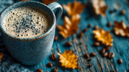 Warm beverage in a textured mug surrounded by vibrant fall foliage and fresh coffee beans, evoking cozy seasonal mornings on a natural wooden backdropの写真素材