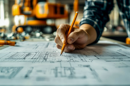 An individual sketches detailed blueprints amid scaffolding and construction materials, capturing...