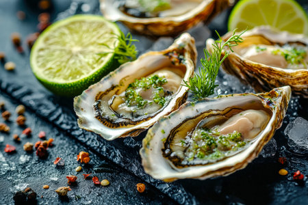 Juicy, briny oysters nestled on crushed ice, accented with fresh herbs and zesty lime slices, evoking an elegant seaside dining atmosphere.の写真素材