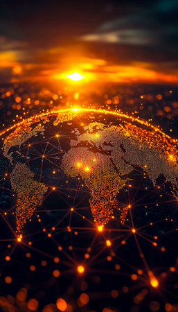 An illuminated digital sphere displays a web of glowing connections amid a dawn-lit sky, symbolizing...