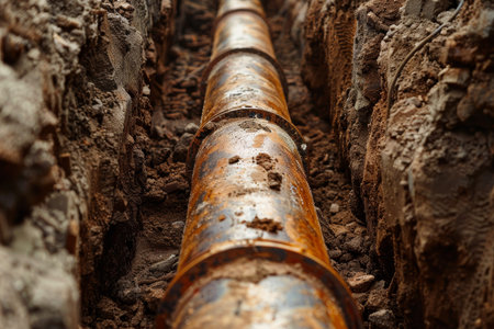 Metal pipes being installed in trench for the construction of an old underground water line