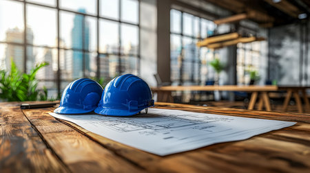 A professional workspace featuring vivid blue hard hats and detailed blueprints spread on a sleek wooden surface, evoking innovative building designs.の写真素材