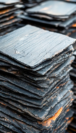 Textured dark slate slabs layered in a precise arrangement, highlighting their rugged surfaces and...