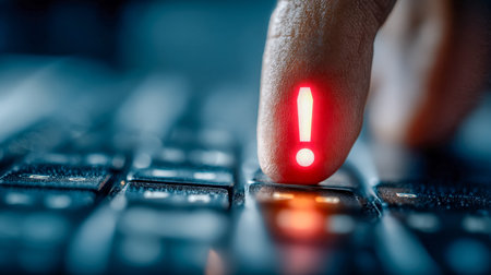 Close-up of a user?s finger activating a key spotlighted by a glowing exclamation mark, conveying...