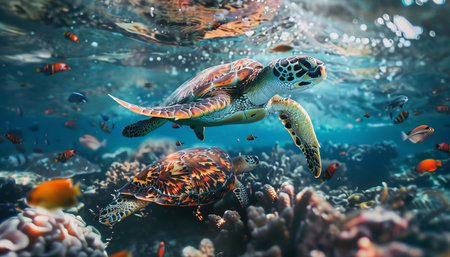Vibrant coral reef ecosystem featuring diverse marine life and graceful sea turtle swimming freelyの写真素材