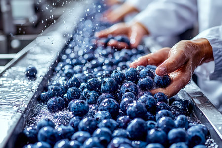 Laborers meticulously examine and separate ripe blueberries submerged in water, ensuring quality...