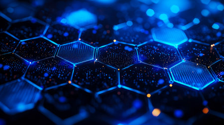 A vibrant, futuristic design featuring luminous hexagonal shapes interconnected by shimmering particles, perfect for technology or innovation themes.の写真素材