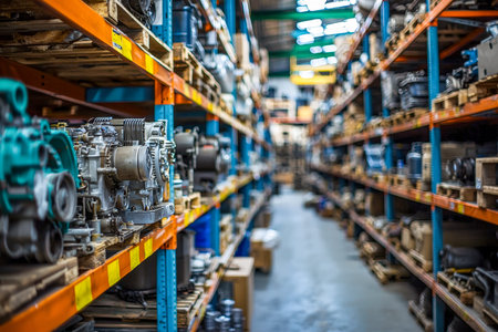 A vast, organized space filled with metal shelving holding an array of precision mechanical...