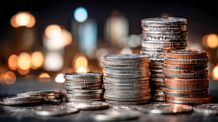 Metallic currency piles rise against a vibrant, out-of-focus city skyline, symbolizing financial growth and urban prosperity.の写真素材