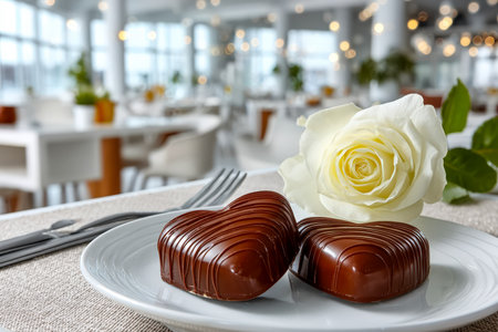 Delicate chocolates in a love heart shape paired with a fresh white bloom, set against a sleek, sunlit dining space exuding elegance and warmth.の写真素材