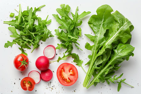 Fresh salad ingredients arugula, lettuce, radish, tomato display on white background