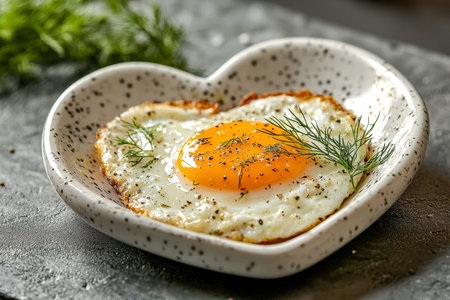 A romantic ceramic dish featuring a sunny-side-up egg decorated with fresh herbs, set against a...