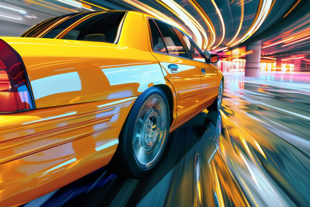 Rear view of a vibrant yellow taxi car speeding through a high-speed highway curve