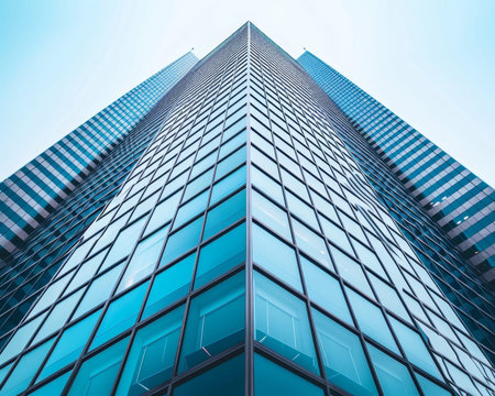 Symmetrical glass skyscraper adorned with numerous windows in urban city skyline