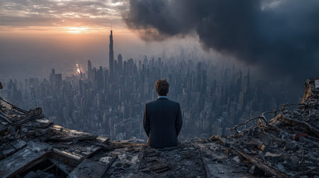 A sharply dressed man surveys a devastated urban horizon as fiery dusk clashes with heavy storm clouds, evoking themes of resilience and future uncertの写真素材