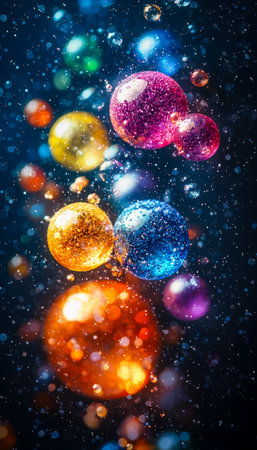 Vibrant, luminous spheres drift through a shadowy universe, illuminated by radiant light streaks, creating a captivating cosmic atmosphere.の写真素材