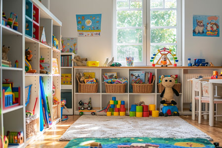 Organized children's playroom with colorful toys, storybooks, and spacious play area for active kidsの写真素材