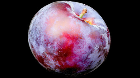 A glistening, dew-covered crimson plum rests against a dark backdrop, highlighting its vibrant skin...