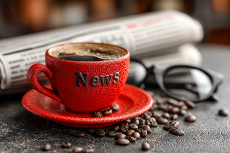 A vibrant red mug emblazoned with "news" sits amidst scattered coffee beans, reading glasses, and a newspaper, evoking morning routine and informationの写真素材