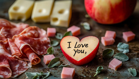An inviting arrangement of sliced meats, cheeses, and a heart-shaped apple, accented by a love note, perfect for a romantic culinary presentation.の写真素材