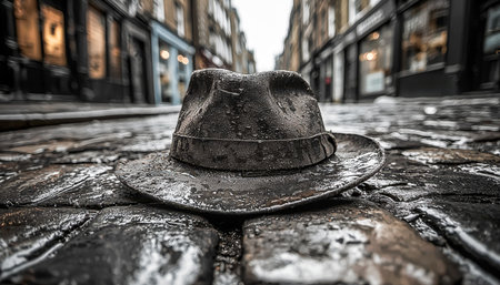 A damp, classic fedora ails atop uneven cobblestones, hinting at recent rain, capturing urban charm with moody, nostalgic atmosphere.の写真素材