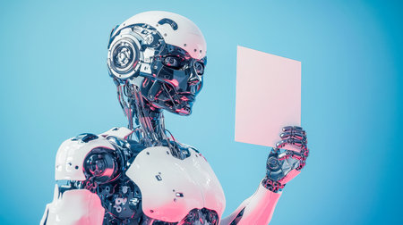 A sleek, high-tech robot presenting a blank sheet of paper, set against a vibrant blue backdrop, emphasizing innovation and creative potential.の写真素材