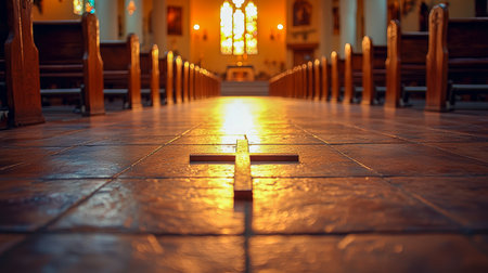 Sunlit church interior featuring aged wooden pews, a prominent cross on the tiled floor, and vibrant stained glass casting a golden glow.の写真素材