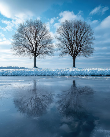 Winter landscape featuring stark, bare trees mirrored on icy patches, set against a partly clouded...