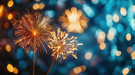Vibrant fireworks burst amidst shimmering bokeh lights, creating a festive mood with radiant colors...