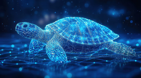 A sleek, luminous depiction of a sea turtle formed by vibrant blue circuitry patterns, symbolizing the harmony between marine ecosystems and digital iの写真素材