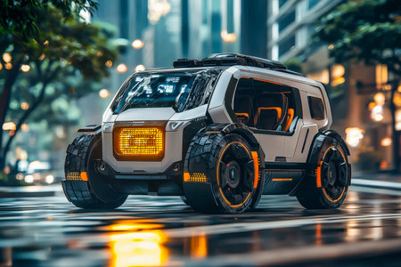 A bold, cutting-edge electric suv with a tough exterior and bright orange highlights dominates a...