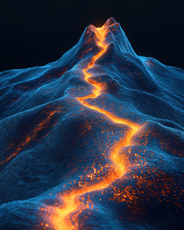 A luminous mountain erupts in vibrant reds and oranges, with glowing fissures spewing molten lava, set against a dark, digital fantasy landscape.の写真素材