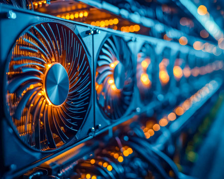 A detailed view of powerful graphics cards featuring vibrant illuminated fans, showing cutting-edge...
