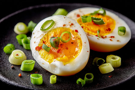 Creamy, halved eggs topped with vibrant green onions and spicy red pepper flakes, displayed on an...