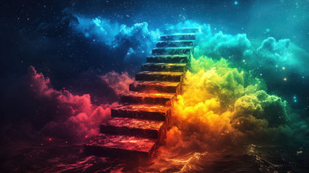 A fantastical spiral staircase rises into a vibrant universe of swirling rainbow clouds and shimmering stars, evoking dreamlike wonder and limitless iの写真素材