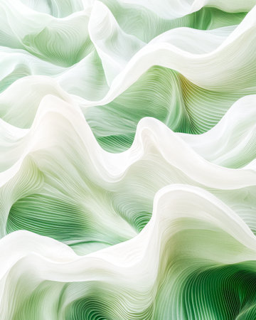 Elegant green and white ribbons swirl in a seamless, wavy motion, creating a soothing and dynamic abstract wave pattern ideal for modern design use.の写真素材