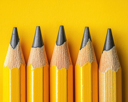 Vibrant yellow pencils with polished tips arranged neatly against a matching yellow backdrop to evoke creativity, precision, and bright ideas.の写真素材
