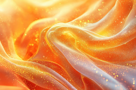 Vibrant, luminous ribbons of gold and orange swirl dynamically, adorned with shimmering sparkles and radiant light streaks for a luxurious, energeticの写真素材