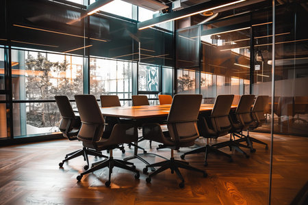 Large conference room with many chairs around desk enclosed by glass wall for corporate meetings