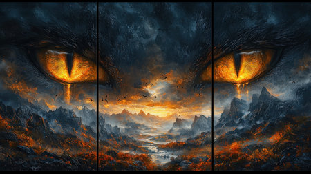 A surreal scene where a towering feline face with luminous eyes overlooks a volcanic valley ablaze...