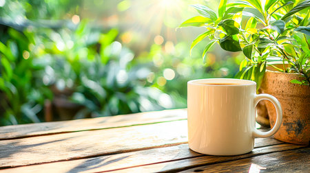 A warm ceramic mug rests on a rustic wooden surface amidst vibrant greenery, basking in soft sunlight, evoking a peaceful outdoor retreat.の写真素材