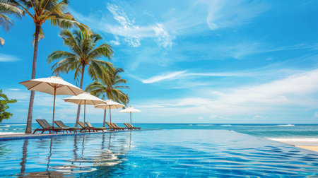 Luxury beach resort hotel with swimming pool, palm trees, and blue sky on sunny seaside island