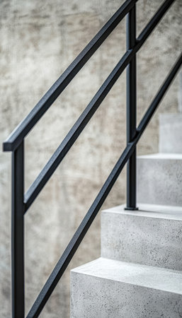 A detailed shot of sleek concrete steps paired with a stylish black metal guardrail, highlighting contemporary architectural design and minimalistic eの写真素材
