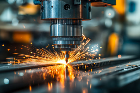 Intense welding under bright sparks illuminates a metal surface, showing advanced industrial...