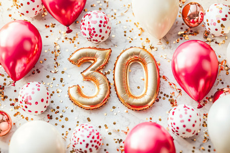 A vibrant array of balloons and shimmering confetti creates a joyful scene marking a special milestone, perfect for festive occasions and personal celの写真素材