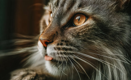An intimate shot highlighting the intricate stripes and lush fur of a curious feline, with piercing amber eyes conveying intelligence and warmth.の写真素材