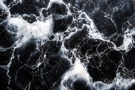 A detailed view of a polished black marble slab showing intricate white streaks and organic...